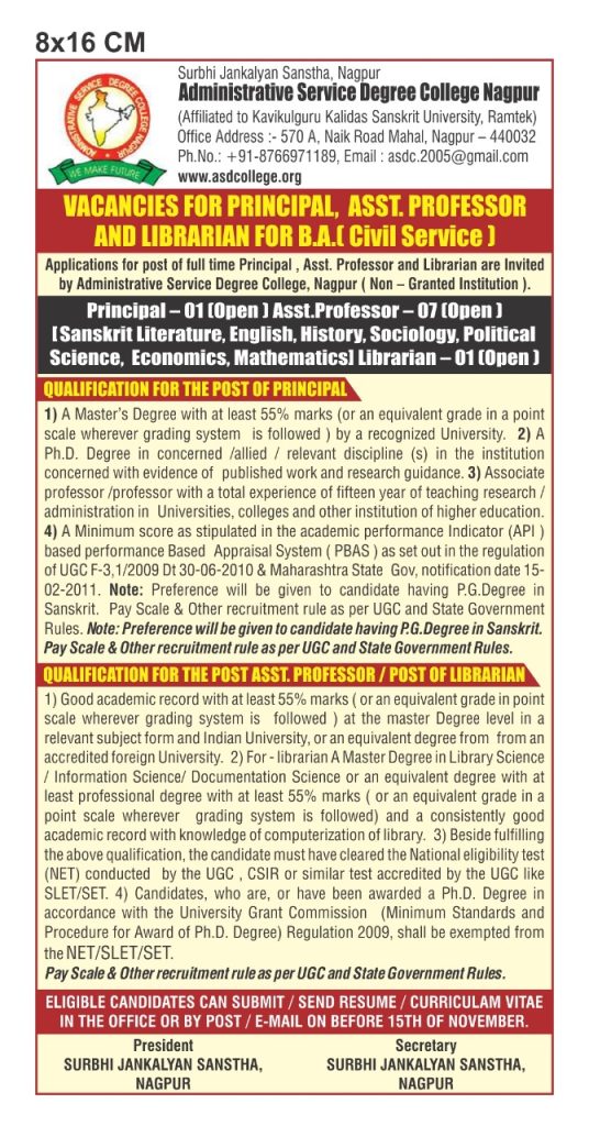 1 Vacancies For Principal, Asst. Professor And Librarian For B.A (Civil Service)